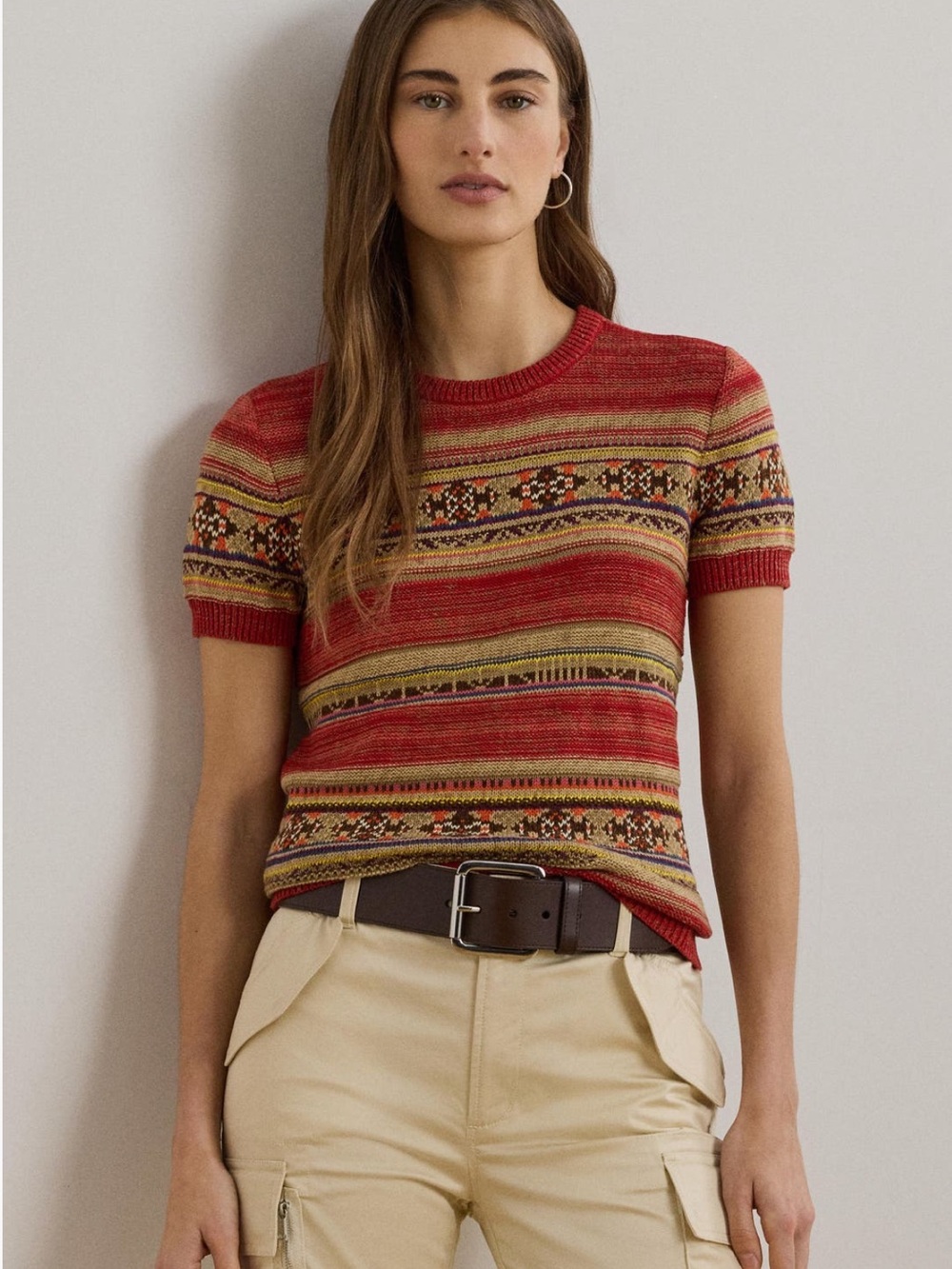 Lauren Ralph Lauren Red Multicolor geo Fair Isle Short Sleeve Sweater